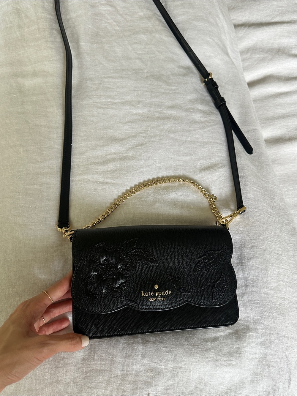 kate spade Black Floral Appliqué Crossbody Bag with Gold Chain
